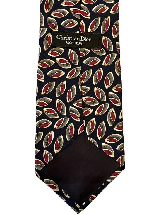 Christian Dior Monsieur Silk Tie Navy Red Gold Geometric Pattern Made in USA Vin - Picture 2 of 4